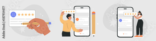 Set of customer review concept. Young people giving feedback review online or mobile apps, consumer satisfaction rating. Hand drawn vector illustration isolated on light background, flat cartoon style