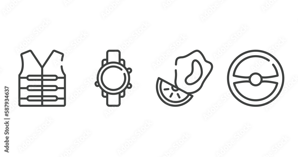 diving outline icons set. thin line icons sheet included lifejacket, diving watch, mussel, steering wheel vector. diving outline icons set. thin line icons sheet included lifejacket, diving watch, mussel, steering wheel vector.