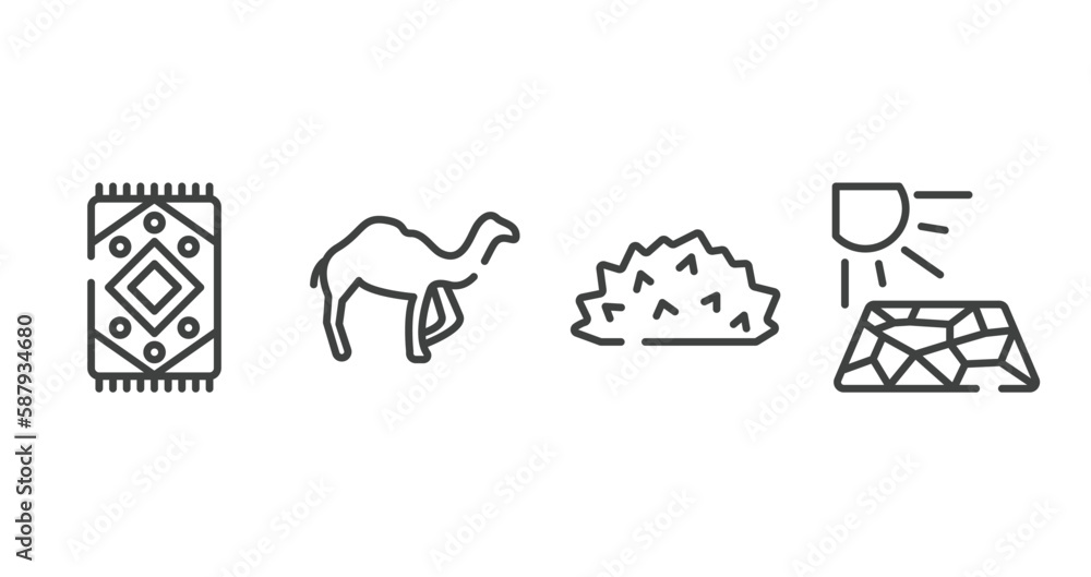 desert outline icons set. thin line icons sheet included rug, dromedary, hive, crack vector. desert outline icons set. thin line icons sheet included rug, dromedary, hive, crack vector.