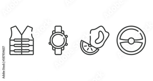 diving outline icons set. thin line icons sheet included lifejacket, diving watch, mussel, steering wheel vector.