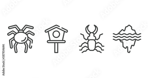 nature outline icons set. thin line icons sheet included null, birdhouse, stag beetle, glacier vector.