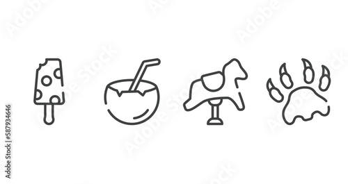 hunting outline icons set. thin line icons sheet included , coconut drink, rocking horse, paw print vector.