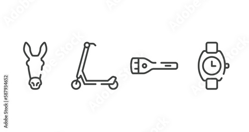 diving outline icons set. thin line icons sheet included donkey, scooter, flashlight, wristwatch vector.