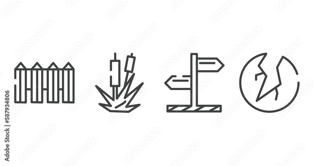 desert outline icons set. thin line icons sheet included fence, bulrush, direction, crack vector.