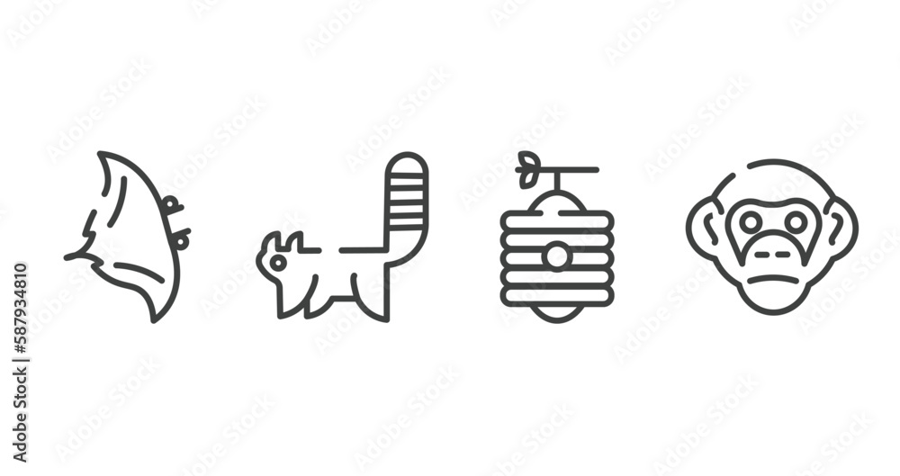 wildlife outline icons set. thin line icons sheet included manta ray, red panda, beehive, chimpanzee vector. wildlife outline icons set. thin line icons sheet included manta ray, red panda, beehive, chimpanzee vector.