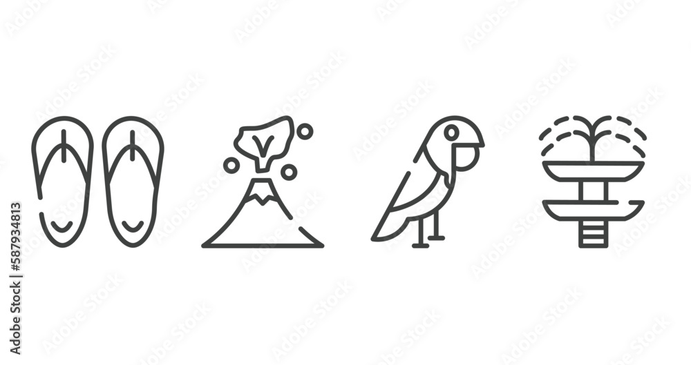 zoo outline icons set. thin line icons sheet included sandals, volcano, parrot, fountain vector. zoo outline icons set. thin line icons sheet included sandals, volcano, parrot, fountain vector.