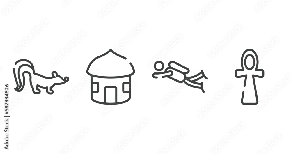 africa outline icons set. thin line icons sheet included skunk, hut, diving, ankh vector. africa outline icons set. thin line icons sheet included skunk, hut, diving, ankh vector.