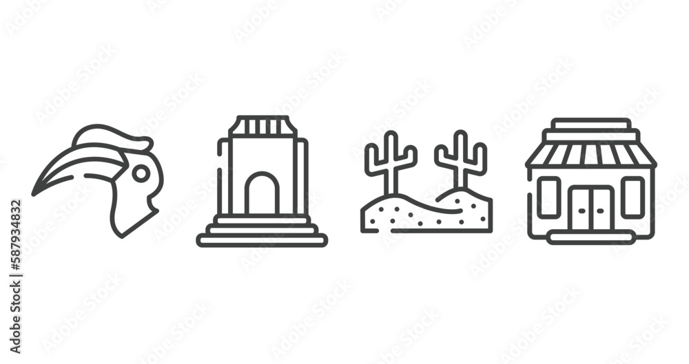 in the zoo outline icons set. thin line icons sheet included hornbill, monument, desert, gift shop vector.
