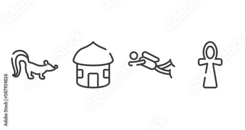 africa outline icons set. thin line icons sheet included skunk, hut, diving, ankh vector.