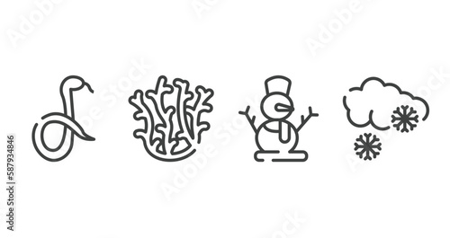winter nature outline icons set. thin line icons sheet included snake, coral, snowman, snowing vector.