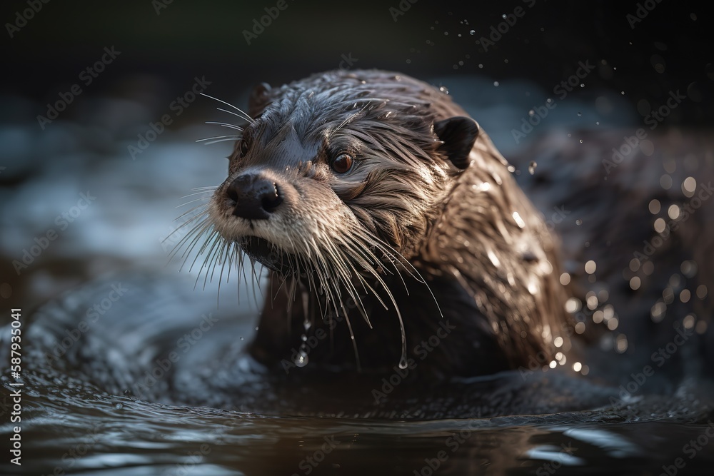 A curious and playful otter splashing in a pool - This otter is splashing and playing in a pool, showing off its playful and energetic nature. Generative AI A curious and playful otter splashing in a pool - This otter is splashing and playing in a pool, showing off its playful and energetic nature. Generative AI