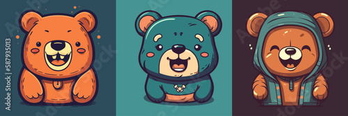 Flat color vector of happy bear set collection