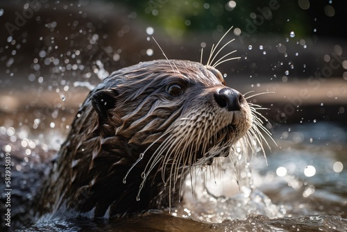 A curious and playful otter splashing in a pool - This otter is splashing and playing in a pool, showing off its playful and energetic nature. Generative AI