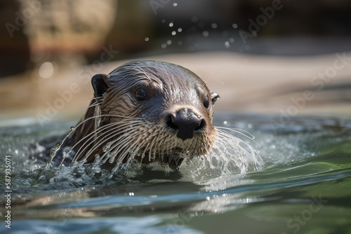 A curious and playful otter splashing in a pool - This otter is splashing and playing in a pool, showing off its playful and energetic nature. Generative AI