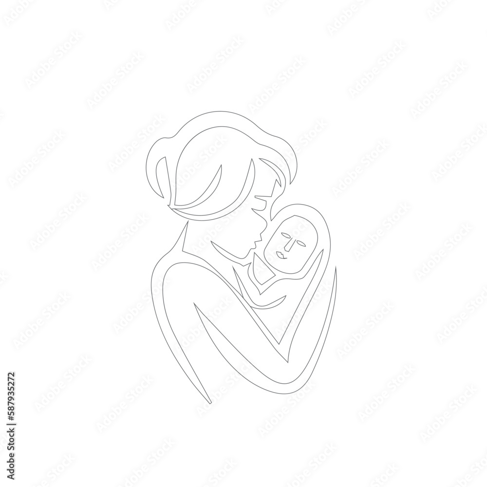 Simple mom and baby Artline  design. Mother and baby vector artline. 