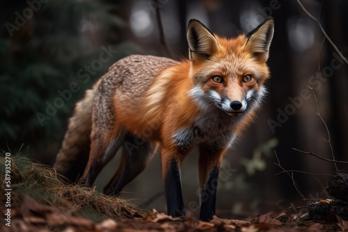 A curious and playful Red Fox exploring its surroundings - This Red Fox is exploring its surroundings, showing off its curious and playful nature. Generative AI © create