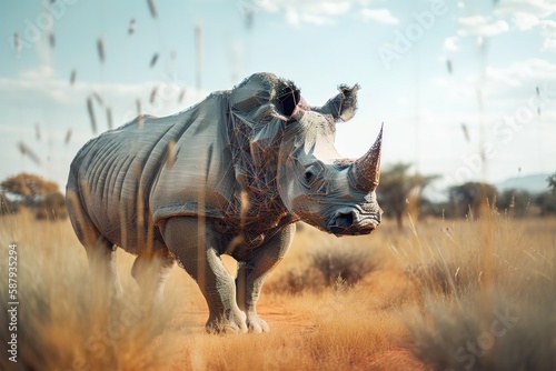 A powerful and majestic rhinoceros charging through the grasslands. Generative AI