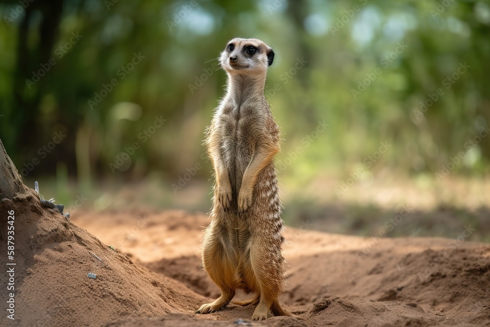 A curious and sociable Meerkat standing on its hind legs - This Meerkat is standing on its hind legs, showing off its curious and sociable nature. Generative AI A curious and sociable Meerkat standing on its hind legs - This Meerkat is standing on its hind legs, showing off its curious and sociable nature. Generative AI