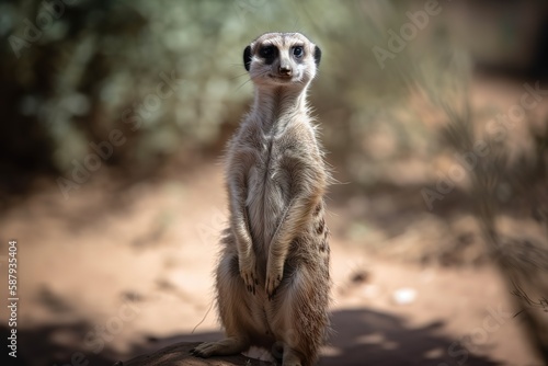 A curious and sociable Meerkat standing on its hind legs - This Meerkat is standing on its hind legs, showing off its curious and sociable nature. Generative AI