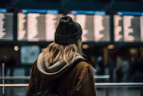 Young woman or girl checking flight timetable of arrivals departure stand in international airport - travel concept. Traveling Illustration. Generative Ai.