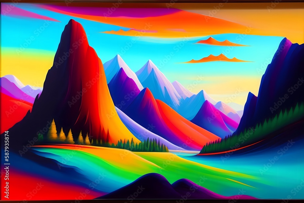 Graphic representation of Colorful Abstract Painting of a Mountain View Through a Stone Arch. Generative AI. 