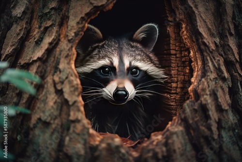 A curious raccoon peeking out of a tree hollow Generative AI