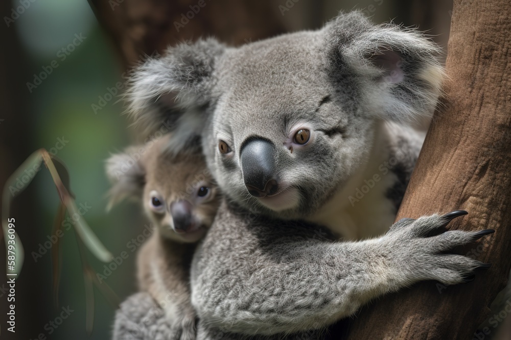 Naklejka premium A cute and cuddly baby koala clinging to its mother Generative AI