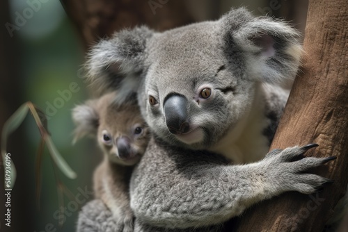 A cute and cuddly baby koala clinging to its mother Generative AI