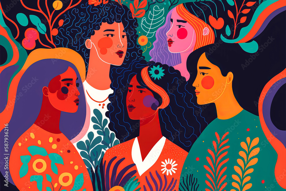 A cheerful and colorful group of diverse women sheltering under a blanket of mini roots, standing side by side in a field and displaying a confident expression. Generative AI
