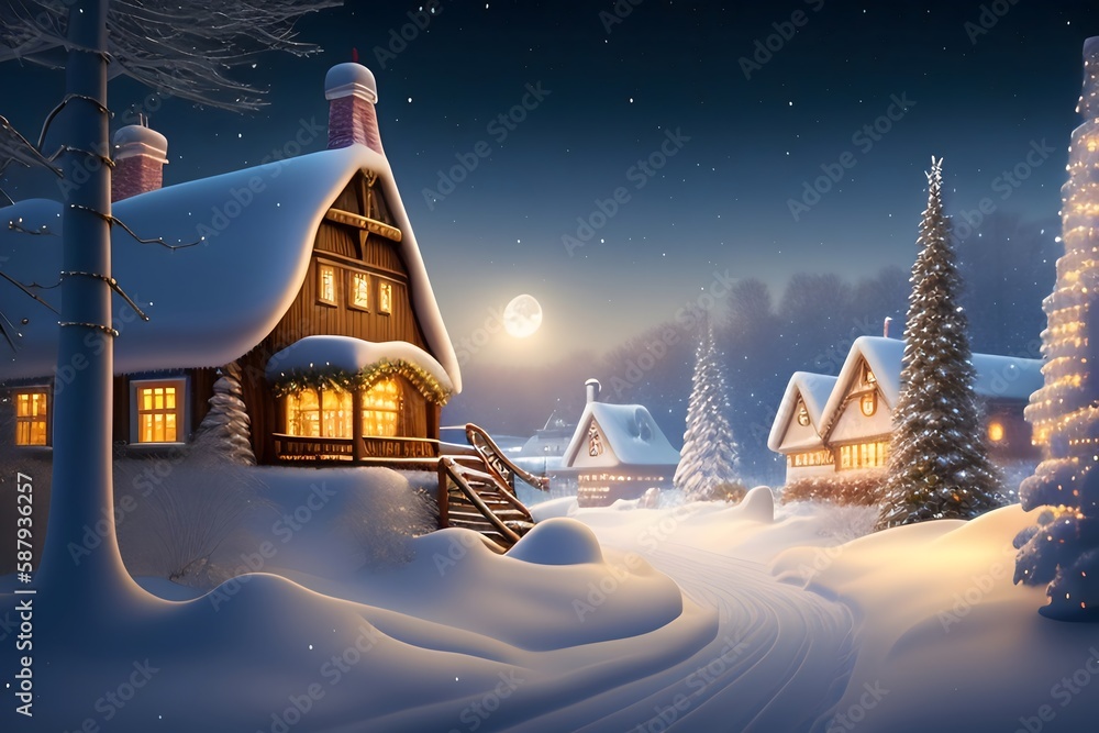Naklejka premium Graphic representation of Winter Wonderland: Santa's Village Under the Full Moon. Generative AI.
