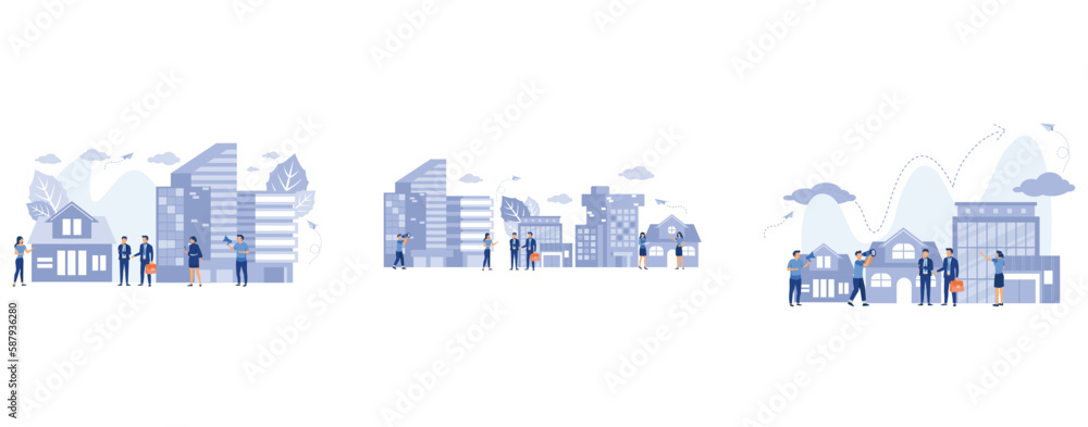 Obraz premium Vector illustration, real estate business concept with houses, Buying and choosing housing, real estate and turnkey rentals, set flat vector modern illustration