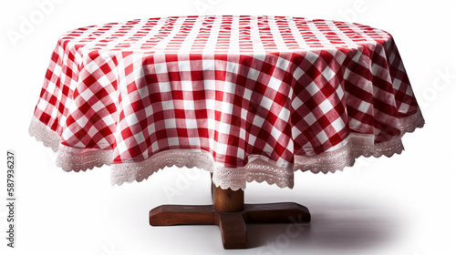 A round table covered with a red and white table cloth on isolated white background Generated AI photo