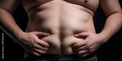 Male hands hold excessive fat on stomach close up, concept of Obesity, created with Generative AI technology © koldunova