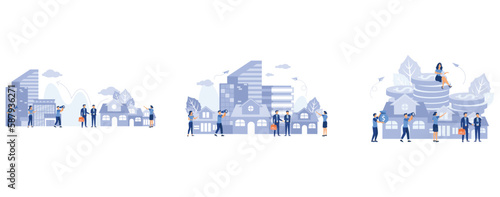 real estate business concept with houses, real estate market growth, presentation of a house, home purchase, set flat vector modern illustration