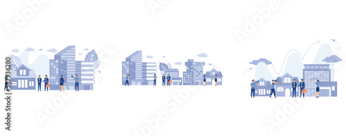 Vector illustration, real estate business concept with houses, Buying and choosing housing, real estate and turnkey rentals, set flat vector modern illustration