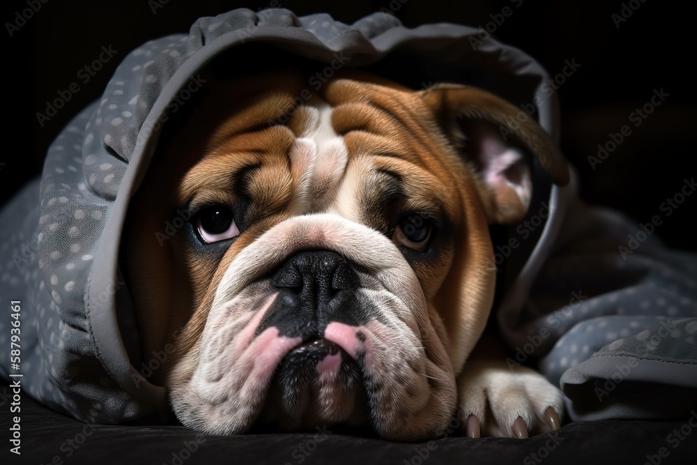 A cute and cuddly English Bulldog snuggled up in a bed - This English Bulldog is snuggled up in a soft bed or blanket, enjoying some relaxation time. Generative AI