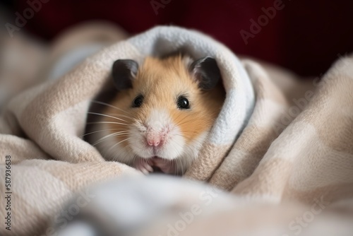 A cute and cuddly hamster snuggled up in a bed - This hamster is snuggled up in a cozy bed, enjoying some relaxation time. Generative AI