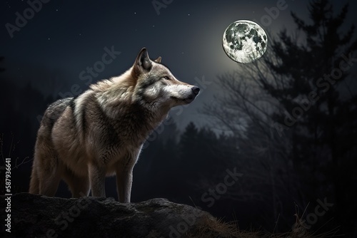 A sleek and agile Grey Wolf howling at the moon  showing off its sleek and agile nature. Generative AI