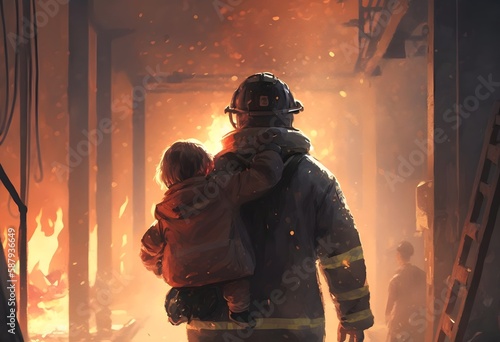 back view of firefighter holding child standing in house on fire, digital art style, illustration painting, Generative AI