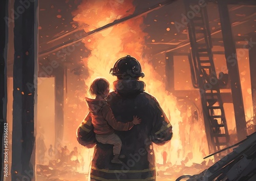 back view of firefighter holding child standing in house on fire, digital art style, illustration painting, Generative AI © MG