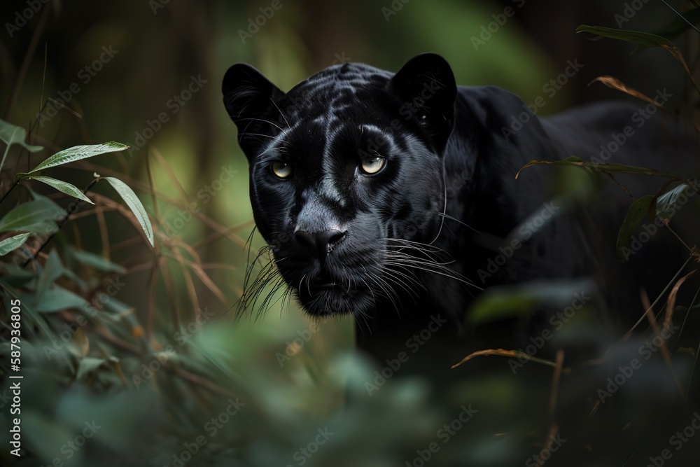 A sleek and graceful Black Panther stalking through the jungle, showing off its sleek and graceful nature. Generative AI