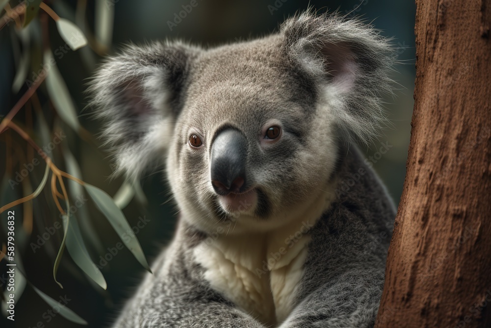 Naklejka premium A cute and cuddly koala in a eucalyptus tree Generative AI