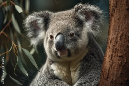 A cute and cuddly koala in a eucalyptus tree Generative AI © create
