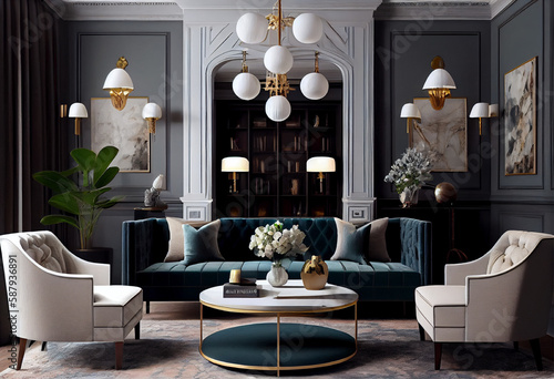 Interior design of a sophisticated and elegant living room design that showcases luxurious fabrics  statement lighting  and tasteful accessories   Generative AI