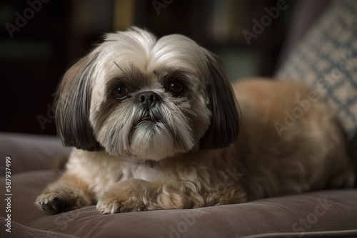 A cute and cuddly Shih Tzu lounging on a couch - This Shih Tzu is lounging on a couch, showing off its cute and cuddly nature. Generative AI
