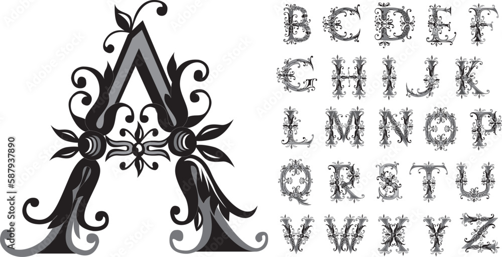 Alphabet Medieval. Vintage decorative letter. Vector set of hand drawn
