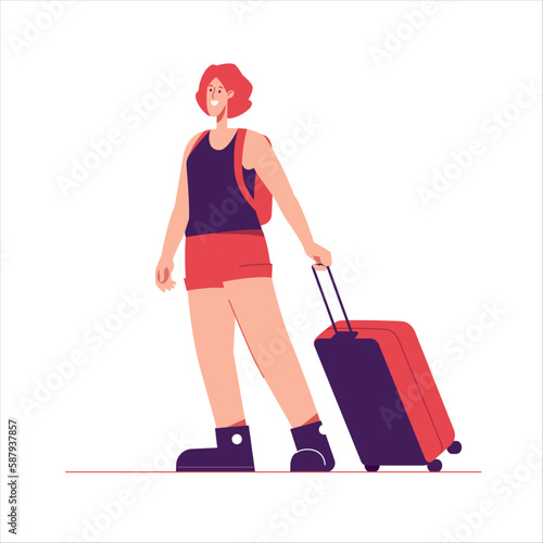 Vector illustration of woman tourist traveler with backpack and suitcase