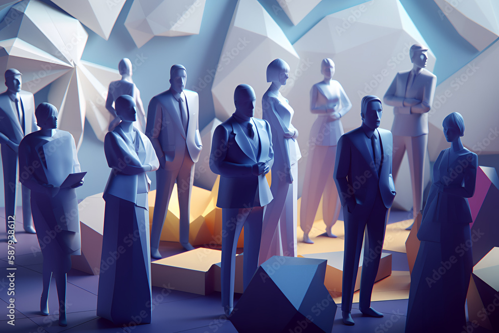 Low Poly Generative AI of Ethnic Diversity At Work. Different Employees Working Together 
