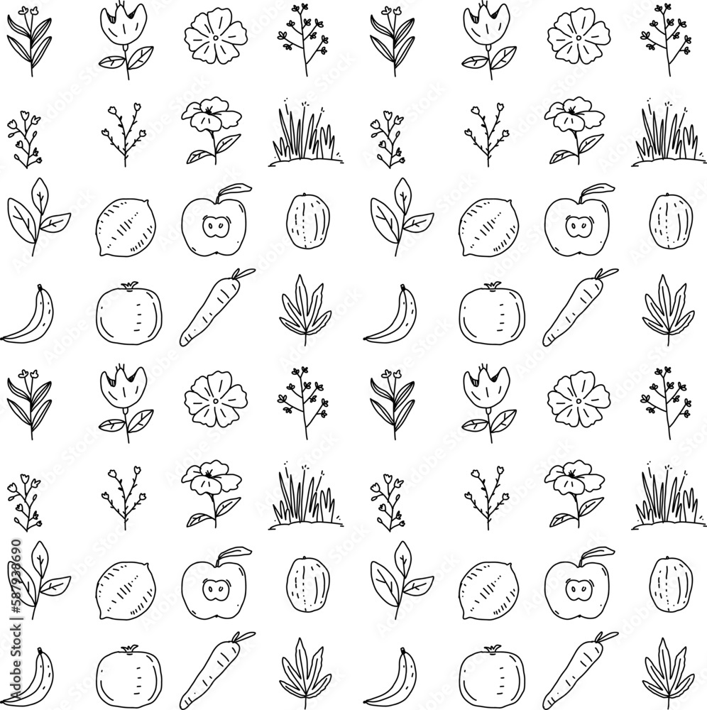 seamless pattern hand drawn fruits and flowers seamless pattern hand drawn fruits and flowers