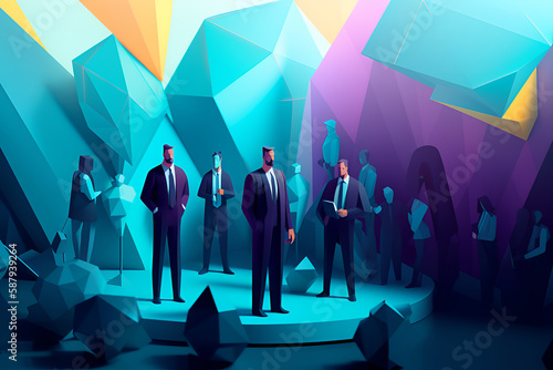 Low Poly Generative AI of Ethnic Diversity At Work. Different Employees Working Together 